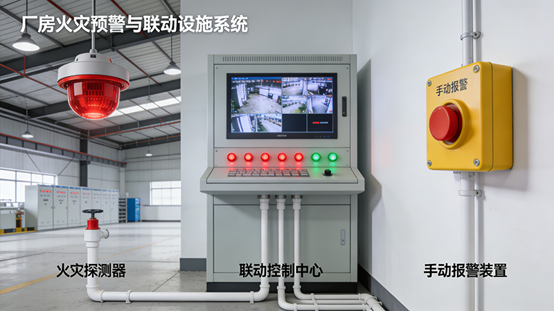 廠房火災(zāi)預(yù)警與聯(lián)動設(shè)施示意圖